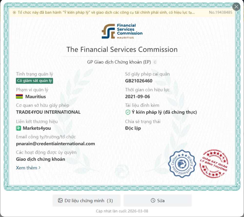 Giấy phép và pháp lý sàn Markets4you