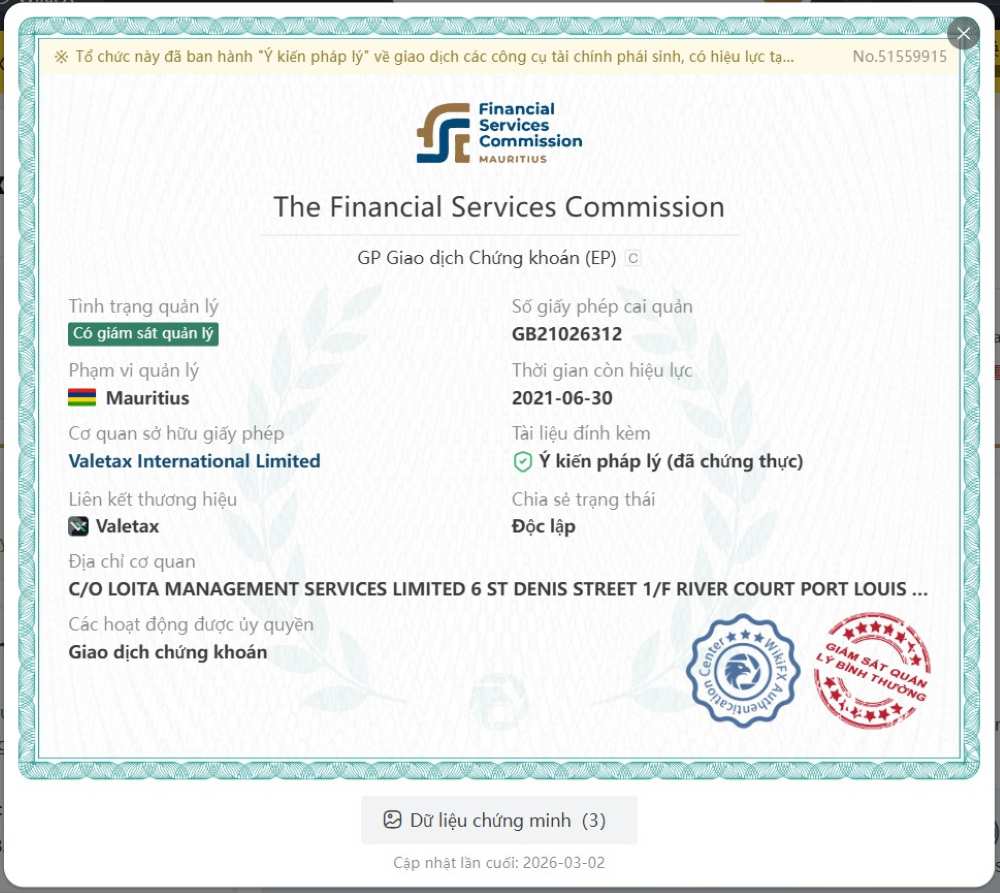 Giấy phép và độ tin cậy sàn Valetax