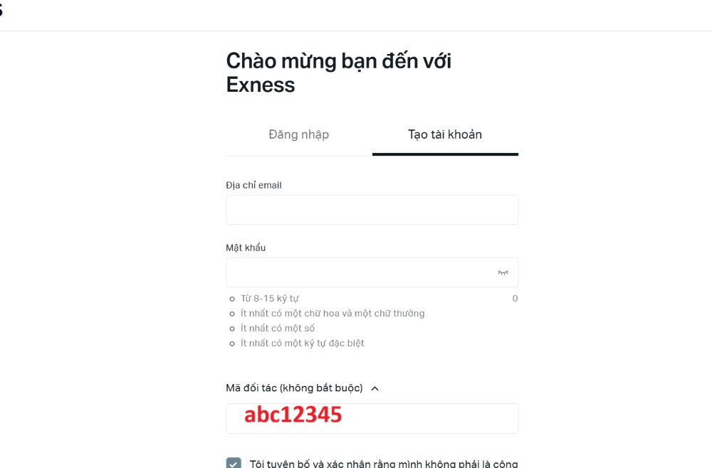 Nhập Mã Đối Tác Abc12345